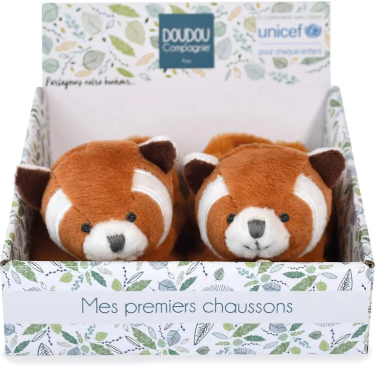 Chaussons Panda Roux avec Hochet Unicef Doudou et Compagnie