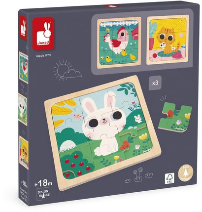 Coffret 3 puzzles Trio Janod, 9 pièces chacun